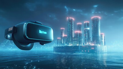 Virtual Reality Headset and Futuristic Cityscape at Nighttime Neon Lights Displaying Pixels Art Style Cyberpunk Cityscape Digital World Experience Immersion Game Environment Design 3D Model Unreal