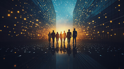 Fototapeta premium abstract professional business team people innovation connection of line from nail node to node on Smart Innovation city with connection cyber security network reciprocity , networking concept