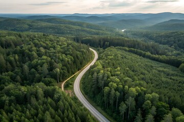 Fototapeta premium EV car, Electric car or hydrogen energy car on road midst forest and natural. Environmental friendly travel. Sustainable transportation and green logistic to Net zero carbon emission for Save earth.