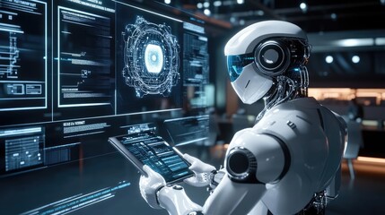 Fototapeta premium White Robot Using a Tablet in a Dark Futuristic Setting with Holographic Displays for Concepts in Technology and Innovation using Various Digital Elements And Systems in Modern Technology Design and
