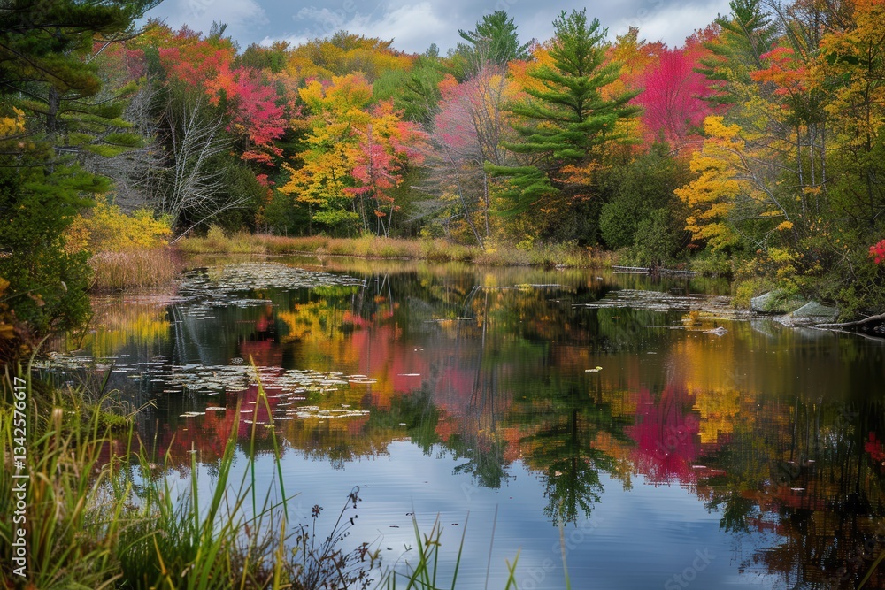 Aufkleber vibrant autumn foliage reflecting in a serene pond surrounded by colorful trees during a calm mornin