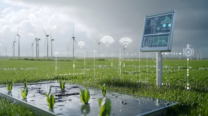 A digital display showing data from an IoT enabled environmental monitoring station in a field with wind turbines and solar panels analyzing and visualizing local weather and climate conditions