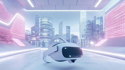 White Robot Wearing Virtual Reality Headset In Futuristic Neon Cityscape Design For Digital Art With Geometric Shapes And Clean Lines.White Architecture And Neon Lights In Cityscape. High Tech