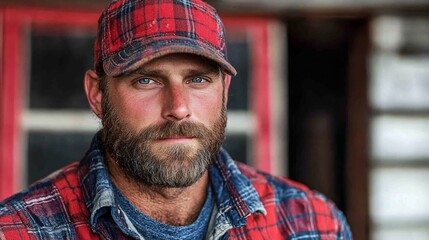 Bearded Man in Plaid Shirt and Cap