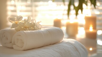 A tranquil haven, where soft white towels, fragrant candles, and plush pillows beckon, creating a serene atmosphere for relaxation and rejuvenation.