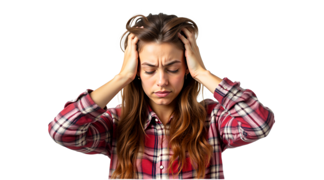 Woman with headache, stress, isolated on transparent background. Depicts frustration, pain. Use health, wellness, mental health, pain relief ads.