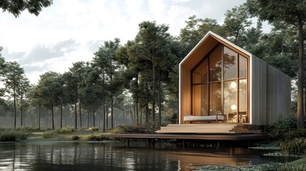 Fototapeta premium Modern cabin nestled by a serene lake, surrounded by trees. A tranquil escape