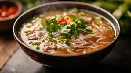 A fragrant symphony of flavors, pho bo, a rich broth infused with the essence of beef and the pungent aroma of lemongrass, simmered over steaming rice noodles, a culinary masterpiece from Vietnam.