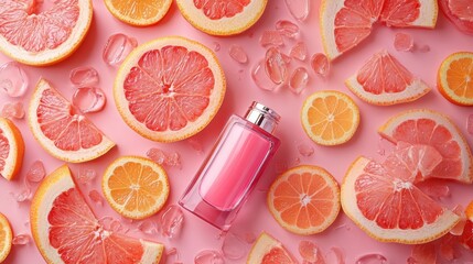 A vibrant tableau of pink cosmetic products, adorned with grapefruit citrus slices, exuding an aura of freshness and natural beauty.