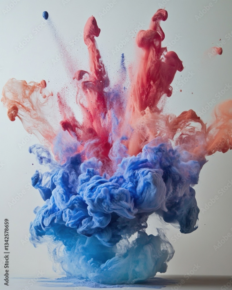 Poster dynamic red and blue ink explosion abstract color cloud in water.