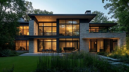 Fototapeta premium Modern Home Exterior Featuring Stone Facade and Large Windows at Dusk