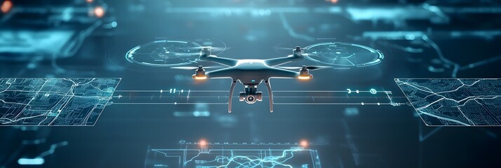 A futuristic and highly advanced drone interface displaying real time aerial maps tracking data and other critical information for tactical and surveillance missions