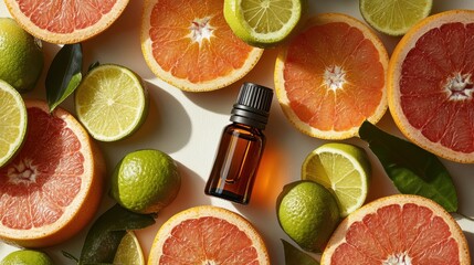 A bottle of grapefruit essential oil, its amber liquid reflecting the sunlight, nestled amongst vibrant slices of fresh grapefruit, oranges, and limes, a symphony of citrus aromas and vibrant hues.