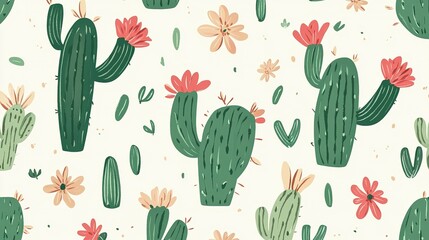 A pattern features cacti and flowers on a cream colored background