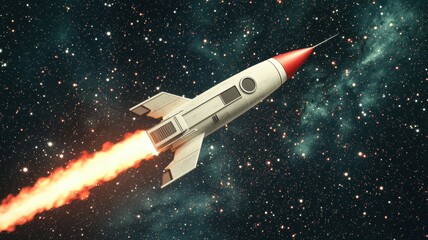 Obraz premium Retro Rocket Launching into Space Starry Night Background Spacecraft Flight