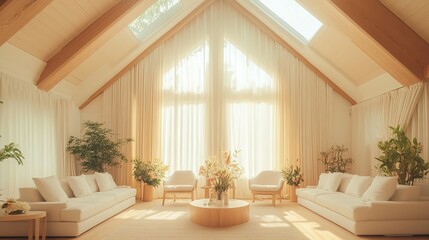 A bright and airy living room with natural light and white decor