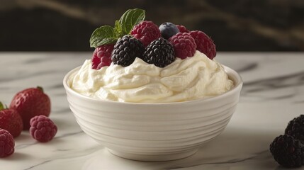 A creamy white bowl of thick Greek yogurt, its tangy flavor hinted at by the subtle ripples on its surface, adorned with fresh berries and a sprinkle of honey, inviting a taste of the Mediterranean.