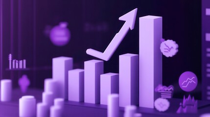 3D render of an arrow pointing up in a bar graph, with soft stock market icons on a dark lavender background.