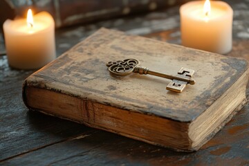 Antique Ornate Key Resting on an Aged Book with Candlelight in a Dark Wood Setting