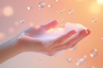 Fototapeta premium Hand holding soapy foam, surrounded by bubbles, warm peach background, beauty and hygiene concept