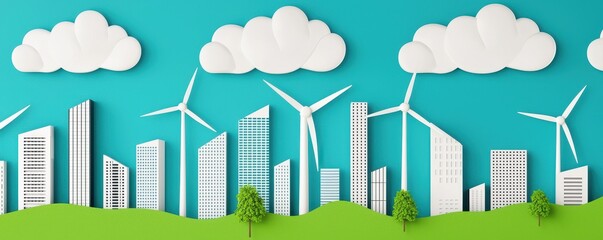 Obraz premium Eco Friendly Cityscape Green Energy Wind Turbines and Modern Buildings with Clouds
