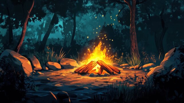 Cozy Campfire in Dark Forest Illustration of Outdoor Fire with Sparks, Logs and Rocks.