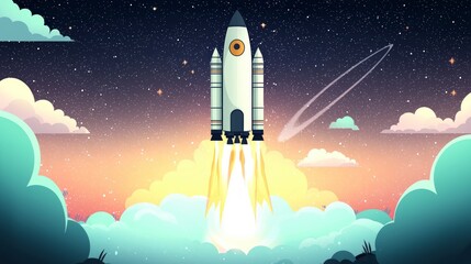 Space Rocket Launch  Sunrise  Clouds  Stars  Night Sky Illustration