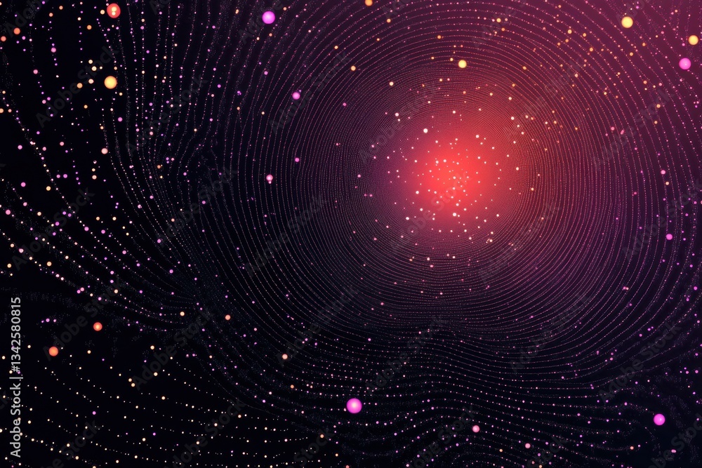 Poster glowing particle nebula abstract cosmic swirl of light, dots, and vibrant color for science, technol