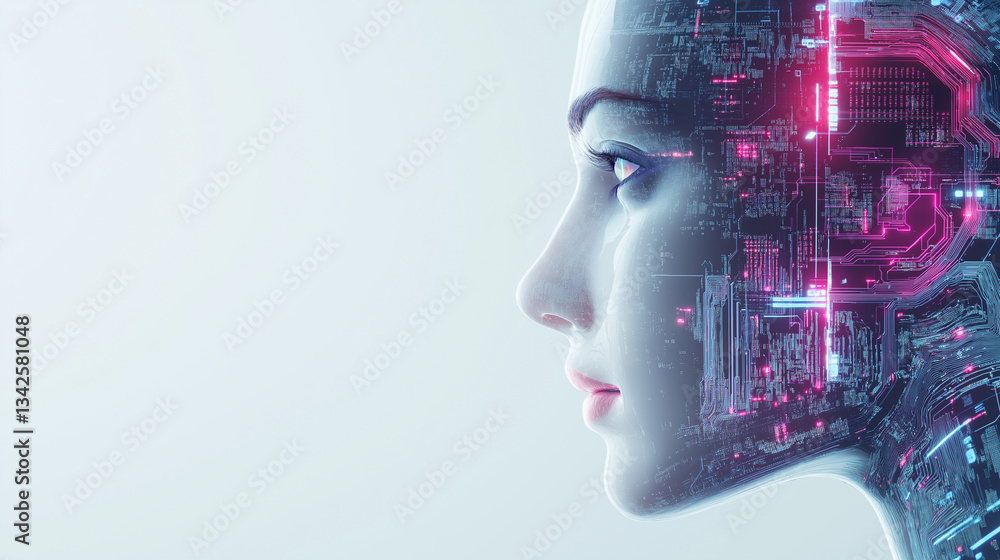Poster ai integration: a digital portrait showcases a woman's profile, seamlessly merged with an intricate 