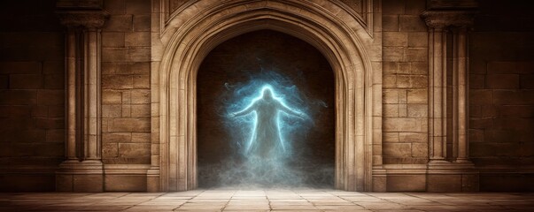 Ethereal Figure Emerging from Ancient Stone Archway Mystical Spectral Being Fantasy Gothic