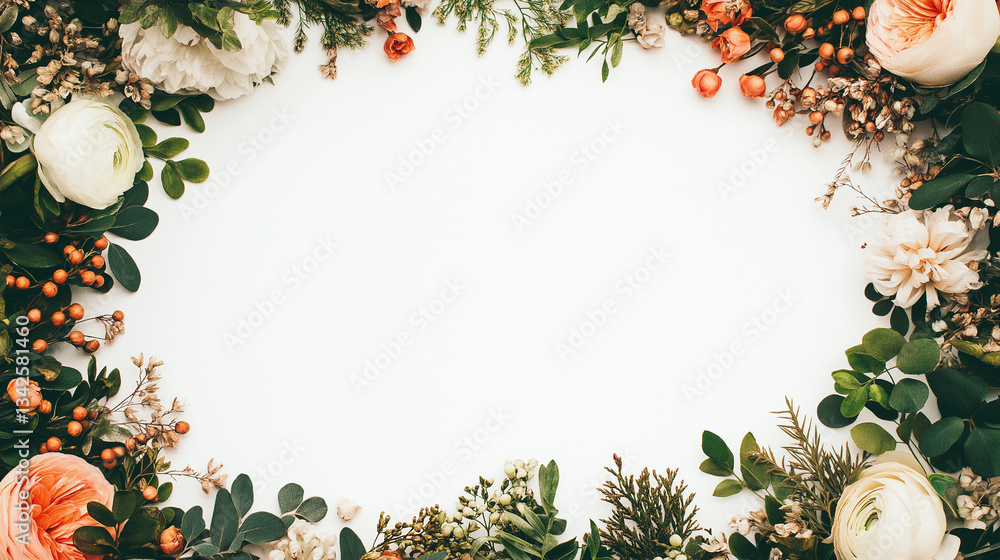 Aufkleber floral frame: a vibrant, artistic frame composed of an array of colorful flowers and lush green foli