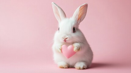 Obraz premium Adorable White Rabbit Holding Pink Heart Against Pink Background