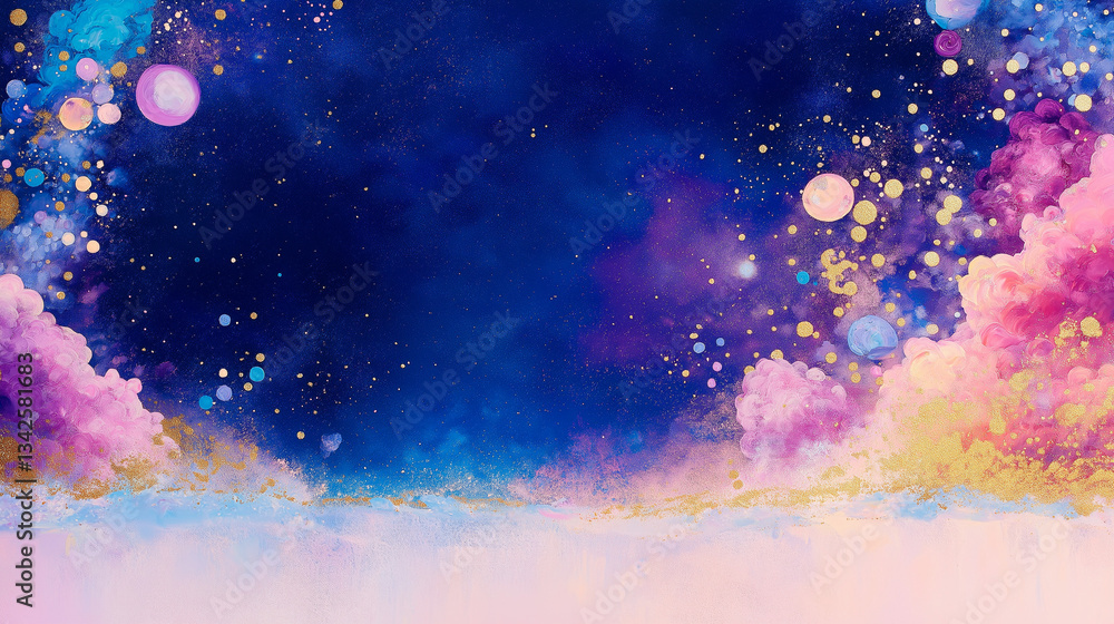 Poster celestial symphony: this abstract art piece depicts a vibrant nebula with dreamlike colors, inviting