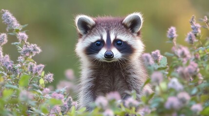 Fototapeta premium Closeup of an Adorable Baby Raccoon among Purple Flowers