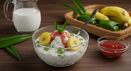 A vibrant and appetizing image of Es pisang ijo, a traditional Indonesian dessert.