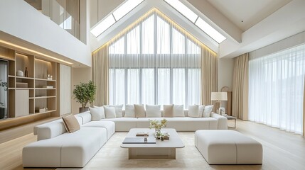 Fototapeta premium Modern living room with large sofa and high vaulted ceilings