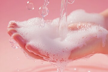 Fototapeta premium Close-Up of Hands Washing with Foamy Soap and Flowing Water on a Pink Background