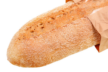 Buckwheat baguette isolated on a white background. Bread in a paper bag.