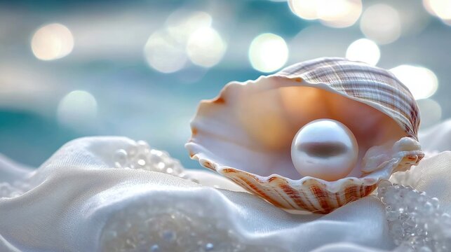 Seaside jewel: pearl in a shell, ocean gift, delicate luster, marine wonder, nature’s artistry, aquatic charm, rare gemstone, hidden beauty, mollusk secret, shimmering glow, deep sea elegance.