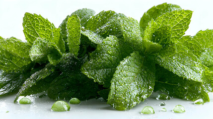 Fresh Green Mint Leaves with Dew Drops on Bright White Background