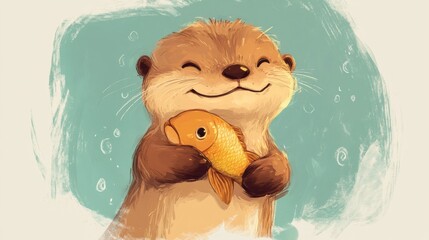 Cute Otter Hugging a Goldfish on Teal Background