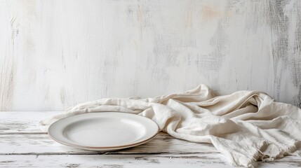 A starkly simple composition: a white wooden table, bare save for an empty plate and a crisp linen napkin, inviting contemplation of the quiet moments between meals.