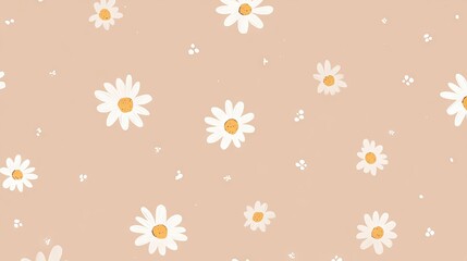 Tiny white daisies flower on a light brown background, a simple flat illustration style, a pattern design for a phone case or wallpaper, seamless.