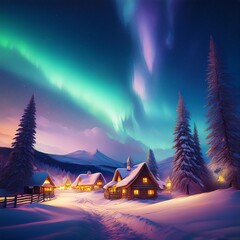 A serene winter night unfolds over a small, cozy village blanketed in soft, untouched snow. Above, the sky comes alive with the mesmerizing glow of the aurora borealis.