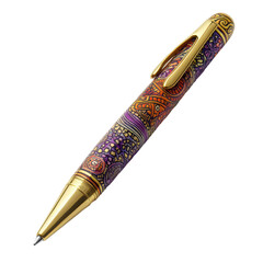 Luxurious gold pen with vibrant, artistic patterns. Fine writing instrument for elegant signatures and notes. isolated on transparent background
