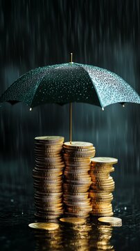 A stack of coins protected by an umbrella in the rain, symbolizing financial security and protection.,Business life concept