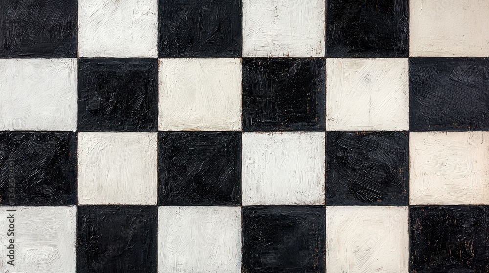Poster a close-up view of an abstract black and white checkered pattern on a textured surface.