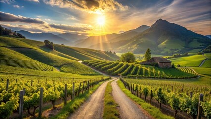 Naklejka premium Serene Vineyard Landscape at Sunset Rolling Hills, Lush Greenery, and a Rustic Farmhouse