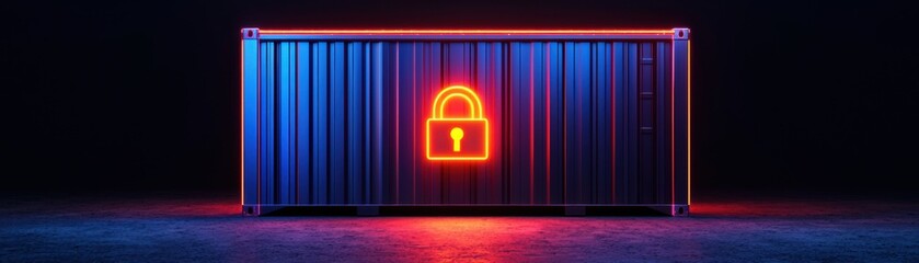 A digital container with a glowing lock symbol representing security and protection.