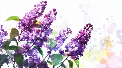 watercolor lush branches of lilac, branches of lilac on white background is isolated